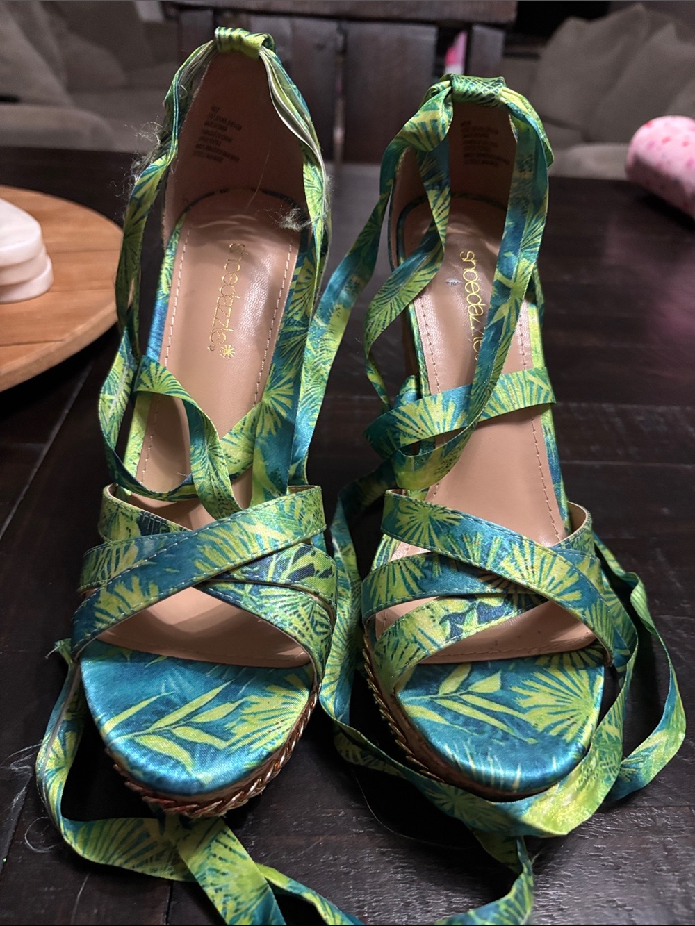 Shoe Dazzle Tropical Green & Teal Wrap Wedge Sandals